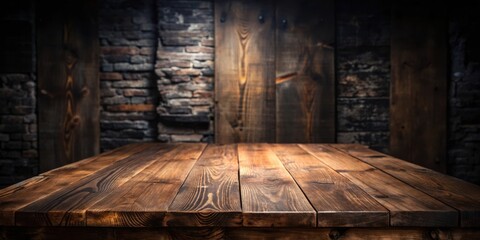 Poster - Rustic wooden tabletop with a backdrop of weathered brick and wood planks, creating a warm and inviting atmosphere for product display or graphic design.