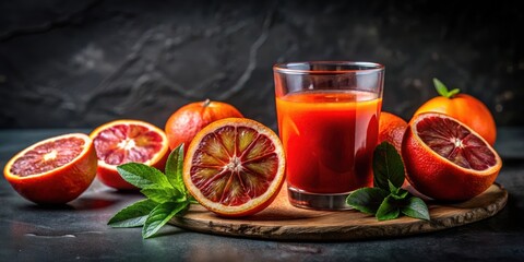 Poster - Freshly Squeezed Blood Orange Juice with Sliced Oranges and Mint Leaves on a Wooden Board