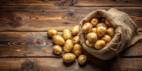 Aufkleber - A rustic burlap sack overflowing with golden potatoes, scattered on a weathered wooden surface, capturing the essence of harvest and wholesome goodness.