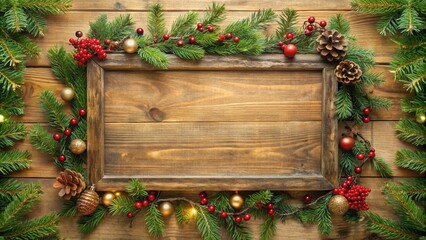 Poster - Rustic Christmas Background with Pine Branches, Ornaments, Pine Cones, Berries, and a Wooden Frame for Holiday Greetings
