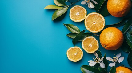 Poster - Citrus Arrangement with Oranges on Blue Background