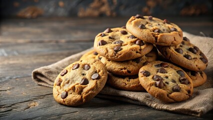 Poster - A Stack of Chocolate Chip Cookies on a Rustic Burlap Napkin, Capturing the Warmth and Comfort of a Classic Treat