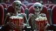 © Ajay - Skeletons in cinema seats with popcorn – funny Halloween movie night concept.
