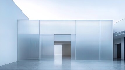 Wall Mural - Minimalist white room with frosted glass walls and doors, leading into a modern interior.