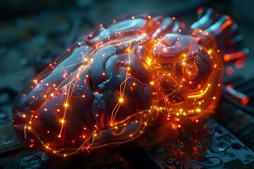 Poster - Futuristic brain heart model with illuminated neural pathways, representing artificial intelligence, technology, and data networks. Ideal for concepts in AI, innovation, and neuroscience