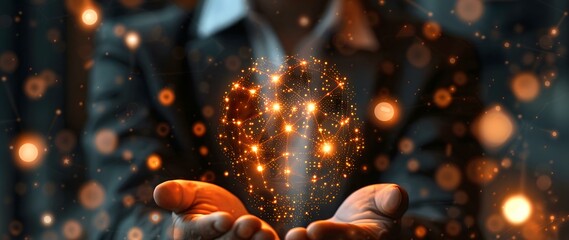 Poster - Hands holding a glowing network of lights forming a lightbulb shape, symbolizing innovation, ideas, and creativity. Ideal for themes in business, inspiration, and technology.
