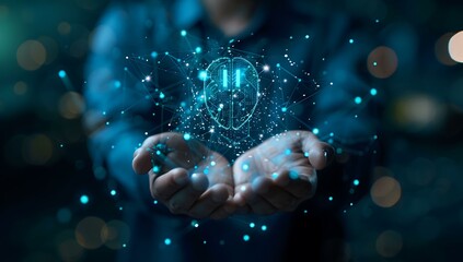 Poster - Hands holding a glowing digital network with a robotic face icon, symbolizing AI, technology, and futuristic intelligence. Ideal for themes in artificial intelligence, robotics, and digital transforma
