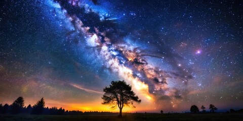 Wall Mural - a solitary tree stands tall against a backdrop of a vibrant milky way, its branches reaching towards