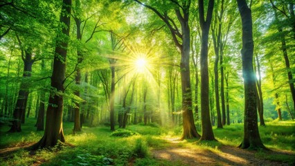 Poster - Sunlight streams through the canopy of a lush, green forest, illuminating the path and creating a breathtaking natural spectacle.