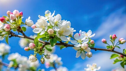blossoming apple tree branch against blue sky macro