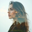 © Margarita Ratatosk - Double exposure portrait of woman with beautiful landscape. International Mother Earth Day and Woman's Day. Environmental problems and protection. Caring for nature. Mental health, meditation, relax