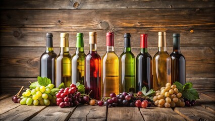 Poster - A row of wine bottles with different colored wines and fresh grapes on a rustic wooden table.