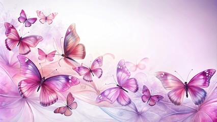 Wall Mural - Delicate butterfly wings in shades of pink and purple swirling across a soft white background, feminine decor, vintage style, colorful wallpapers