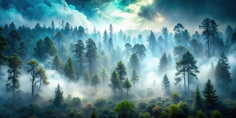 Poster - A Misty Forest Enveloped in a Veil of Soft, Ethereal Light, with a Sky of Swirling Clouds and Rays of Sunshine Filtering Through