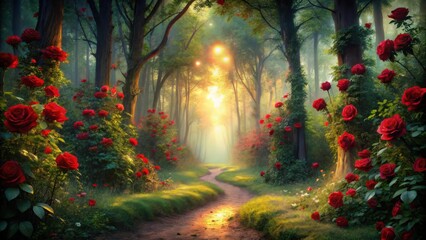 Poster - A sunlit path meanders through a misty forest, surrounded by vibrant red roses blooming in the dappled light.