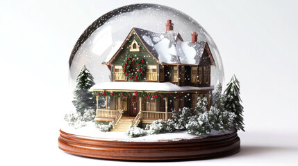 A beautiful snow globe featuring a charming winter house and snowy landscape.