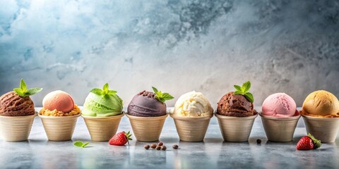 Poster - A Row of Colorful Ice Cream Scoops in Disposable Cups with Fresh Mint and Strawberries