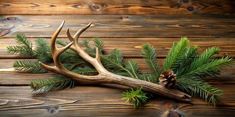 Poster - A Close-Up of a Polished Antler Resting Amongst Green Evergreen Branches on a Rustic Wooden Surface