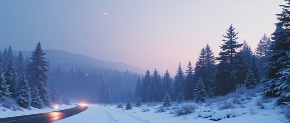 Banner with winter panorama landscape. Forest, trees and road covered snow. Sunrise, winterly morning of a new day. Purple landscape with sunset. Happy New Year and Christmas. Travel and tourism