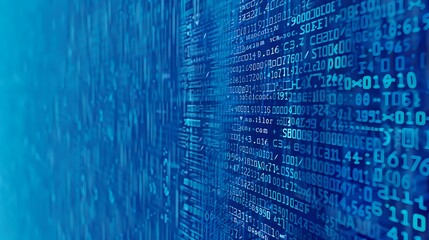 Digital technology background with blue matrix code pattern for cyber security, programming and data science concepts. Perfect for tech presentations.