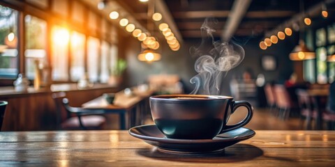 Poster - A steaming cup of coffee on a wooden table in a cafe with a blurred background of light and tables