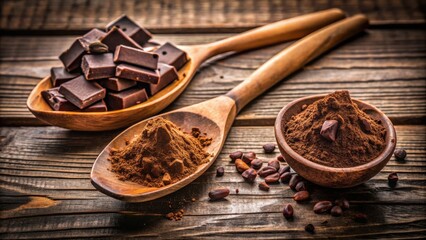 Poster - A rustic wooden table displaying cocoa powder, chocolate squares, and cacao nibs in wooden bowls and spoons.