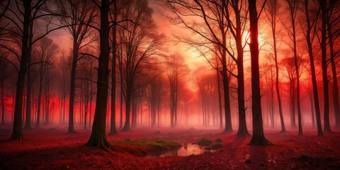 Poster - A sun-drenched forest landscape with mist filtering through tall trees, creating an ethereal and magical atmosphere.