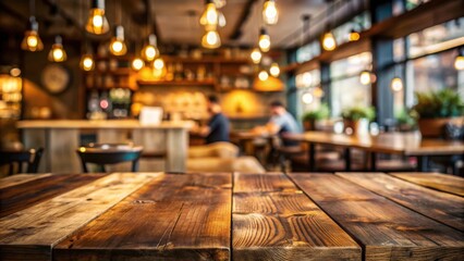 Poster - A Rustic Wooden Tabletop in a Warmly Lit Cafe with a Blurred Background of Customers and Cozy Atmosphere