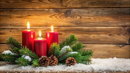 Poster - Three red candles burning brightly amidst a snowy evergreen branch, resting on a rustic wooden backdrop.