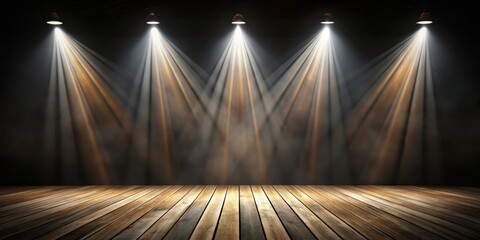 Aufkleber - Five Spotlight Beams Illuminating a Wooden Platform with Dust Motes in the Air