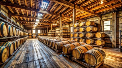 Poster - A rustic warehouse filled with wooden barrels, sunlight streaming through a high window, illuminating the aging process