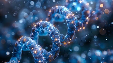 Poster - glowing blue dna helix structure with particles and bokeh effect on dark background, perfect for sci
