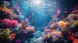 © Junior - A futuristic ocean with glowing coral reefs and neon-infused waves under a holographic sunset. Schools of digital fish swim through the bright coral, creating a lively and immersive seascape.