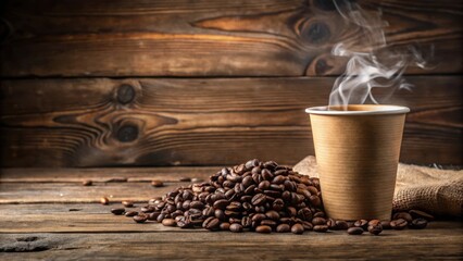 Sticker - A steaming cup of coffee sits next to a pile of roasted coffee beans on a rustic wooden table.