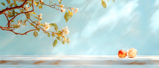 a white background with a tree branch and two apples on a table