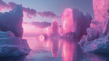 A futuristic island with neon-lit cliffs and bioluminescent plants, surrounded by a glowing digital ocean. The cliffs reflect the vibrant sky, blending natural beauty with futuristic technology. 