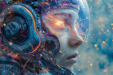 Poster - Futuristic cyborg female profile with glowing circuits and mechanical augmentations against ethereal bokeh background, perfect for sci-fi and artificial intelligence concepts.