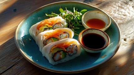 Wall Mural - Colorful sushi arrangement with soy sauce and fresh herbs on ceramic plate