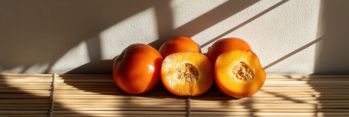 Wall Mural - Flat lay of fresh japanese persimmons sliced in half with soft shadows for modern kitchen decor