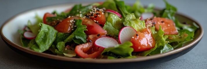 Wall Mural - Fresh spring salad with mixed greens and vegetables for a healthy meal concept