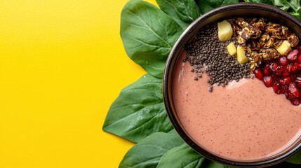 Wall Mural - Healthy vegan smoothie bowl with exotic tropical leaves on vibrant yellow background