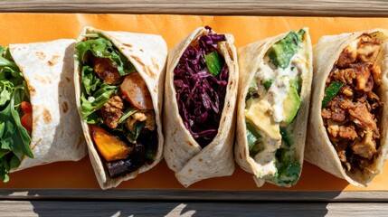 Wall Mural - Healthy veggie wraps flat lay with colorful ingredients for a refreshing spring meal