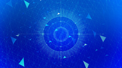Fototapete - Abstract geometric background connecting dots as plexus in blue. tech circle and technology background. Futuristic interface. Futuristic flowing grid on bokeh lights background	
