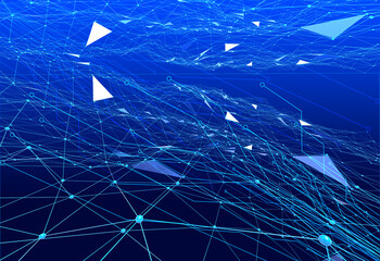 Fototapete - Abstract geometric background connecting dots as plexus in blue. tech circle and technology background. Futuristic interface. Futuristic flowing grid on bokeh lights background	
