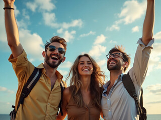 Three happy friends celebrating while hiking on sunny day