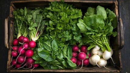 Wall Mural - Spring garden harvest flat lay with fresh radishes and greens for healthy eating inspiration