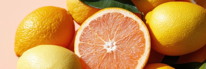 Wall Mural - Vibrant citrus flat lay with lemons and grapefruits for refreshing spring themes