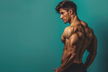 Wall Mural - fit man with a muscular build confidently standing against a solid color background, emphasizing his