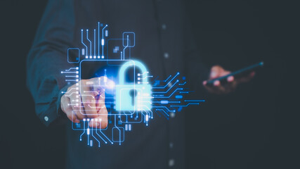 Poster - Person uses a smartphone, interacting with a glowing digital lock icon symbolizing data security and privacy protection. Circuit design highlights the importance of cybersecurity in the digital age.