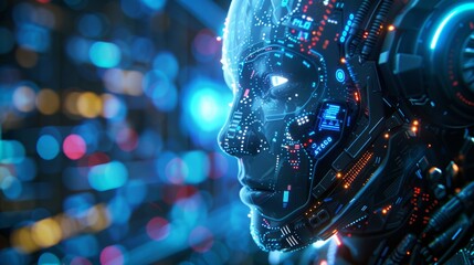 Poster - A futuristic cyborg with glowing circuitry and a digital eye, looking forward against a blurred background of city lights.